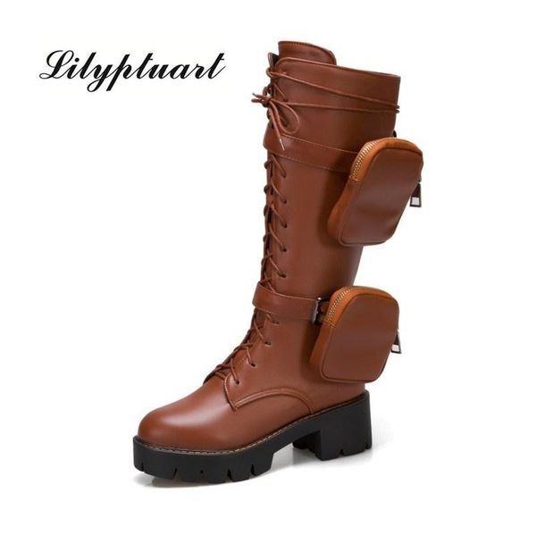 

pocket motorcycle boots women platform shoes lace up thick-soled black woman half botas de mujer size 43