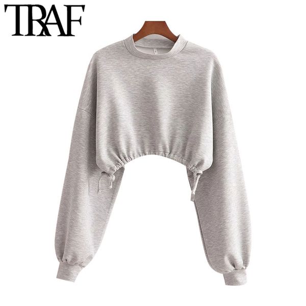 

traf women fashion with drawstring oversized cropped sweatshirts vintage lantern sleeve female pullovers chic 210415, Black