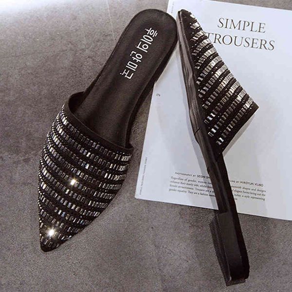 

sandals bling crystal pointed toe mules shoes women slip on flipflops outside antiskid slides rhinestones closed slippers woman jo, Black