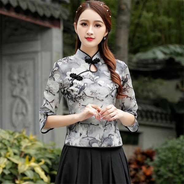

ladies chinese cheongsam retro oblique shirt hollow out mandarin collar shirt chinese style clothing women 11268, Red