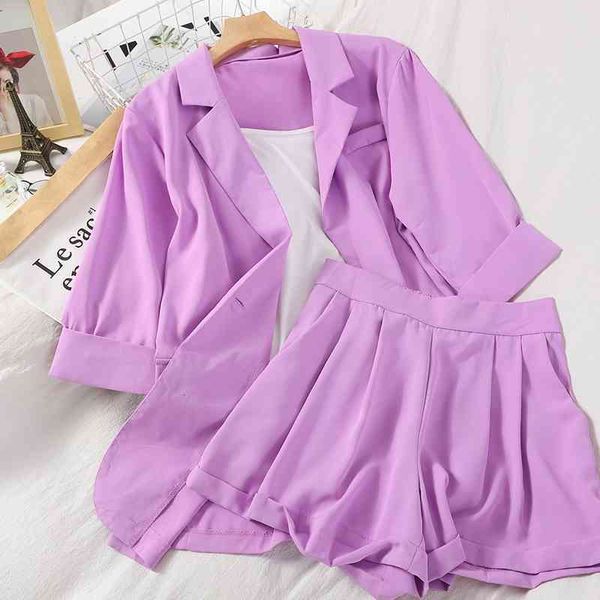 

two piece dress three piece sets collar mid-length shirt jacket with high waist loose thin curled wide-leg shorts three-piece suit, White