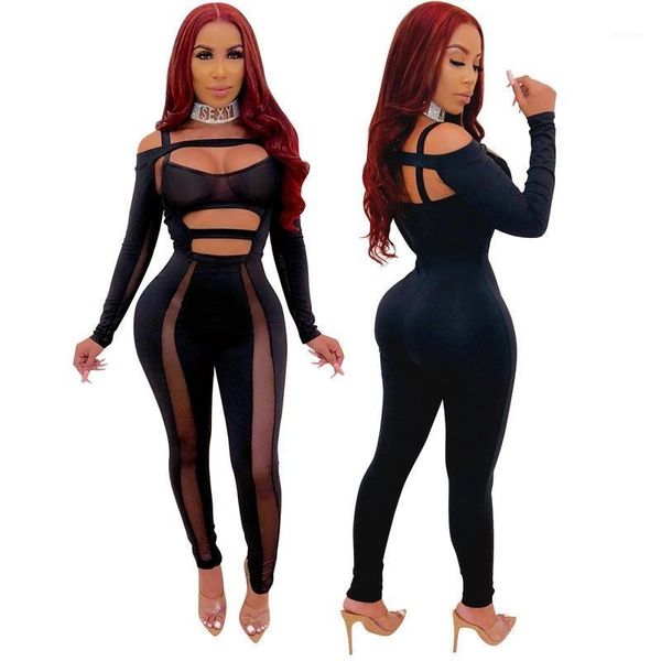 Jumpsuits das Mulheres Macacão Malha Sheer Sexy Cut out Bodycon One Piece 2021 Manga Longa Party Club Jumpsuit Black Macacos