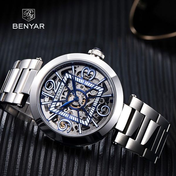 

wristwatches benyar men's watches 2021 men automatic mechanical stainless steel waterproof clock reloj hombre, Slivery;brown