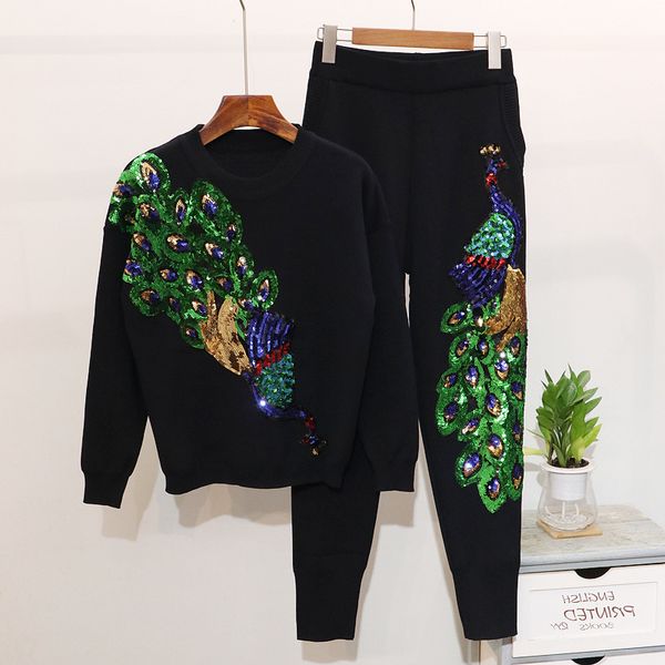 

women's tracksuits female set of two pieces, knitted or crocheted sweater with peacock print, long sleeve + pants, casual clothes for a, Gray