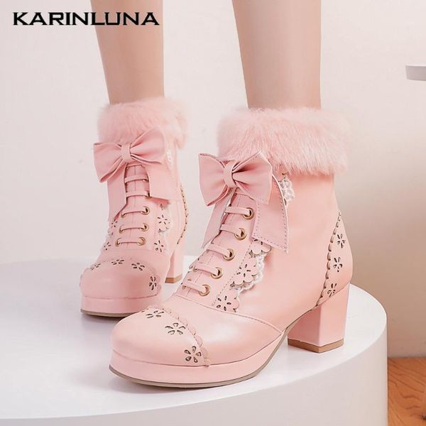 

boots wholesale stylish shoes sweet bowknot short plush thick heels round toe ankel autumn winter footwear1, Black
