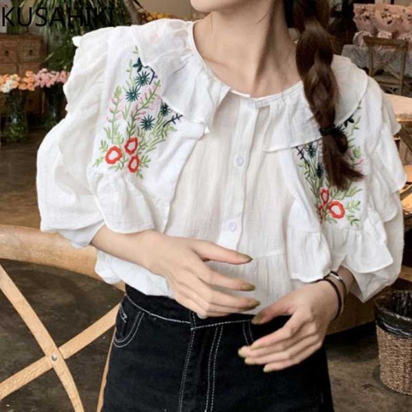 

kusahiki summer doll shirt korean floral lantern sleeve peter pan colalr blouse causal sweet blusas camisas mujer 6h979 210602, White