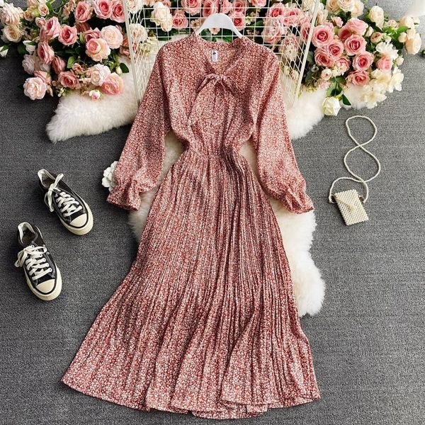 

casual dresses spring autumn sweet floral print dress women tie bow long sleeve chiffon female high waist large hem pleated, Black;gray