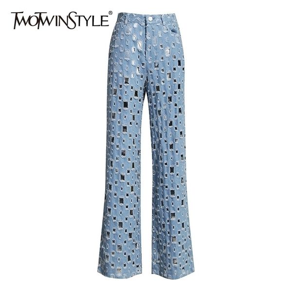

twotwinstyle hollow out wide leg pants for women high waist ripped hole autumn denim trousers female fashion clothing tide 210329, Blue