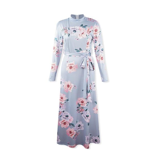 

casual dresses autumn print women long dress sleeve floral pattern bandage turtleneck maxi female vestidos streetwear clothes, Black;gray