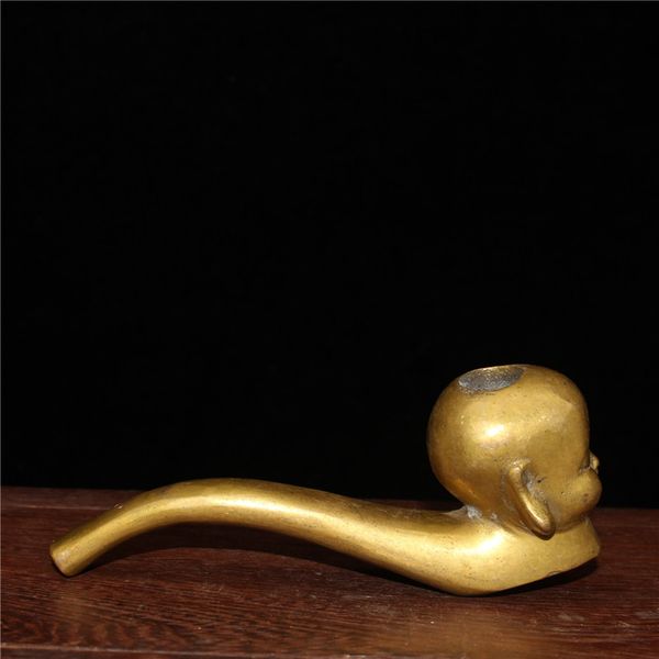 

china old beijing old goods seiko brass boy head shape tobacco pipe, Brown