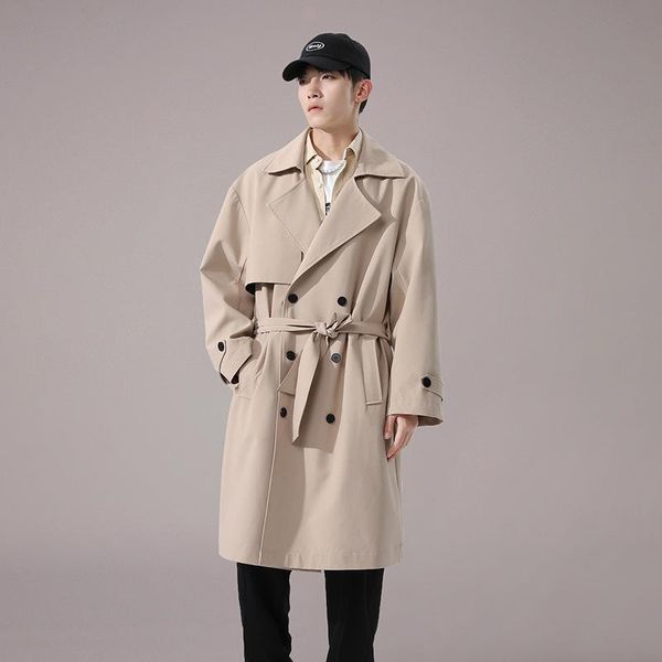 

men's trench coats british style khaki long windbreaker autumn winter casual fashion jacket coat men clothing, Tan;black