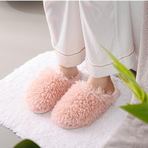 

luxury chic curly fur house slippers for women floor winter warm shoes non-slip indoor bedroom fuzzy, Black