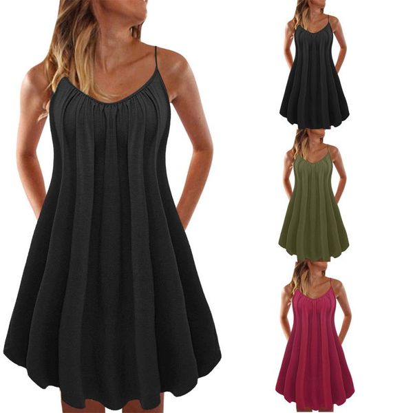 

casual dresses 2021 elegant v neck sling dress women summer solid color sleeveless pullover beach party loose vestidos, Black;gray