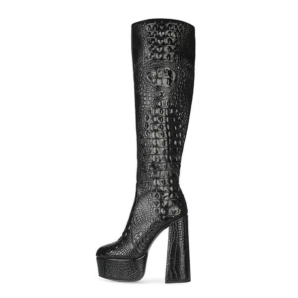 

boots thick heel knee length large women's shoes high leather, Black
