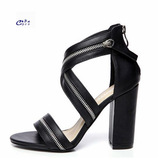 

zapatos mujer brand women's high-heeled fashion 10cm thick heel sandals female summer cross-strap shoes zipper pumps, Black