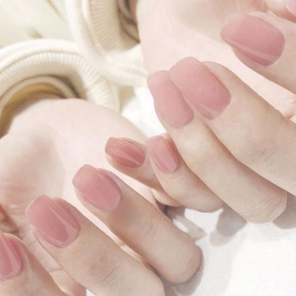 

false nails 24pcs/set cute sweet jelly pink artificial nail patches ins korean pure color medium length square with glue fa, Red;gold