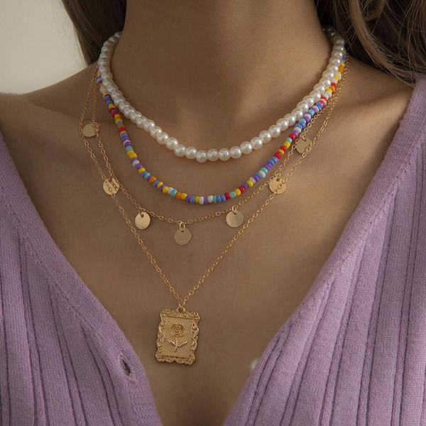 

bohemia rainbow seed beaded imitation pearl chain choker necklace sequins tassel rose flower pendant women jewelry necklaces, Silver