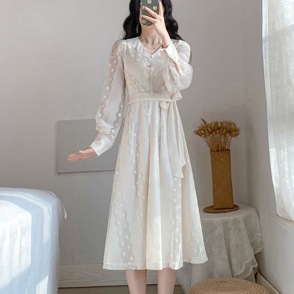 

women elegant lace dress spring autumn fashion female v-neck solid vintage party dresses long sleeve casual a-line vestido 210423, Black;gray
