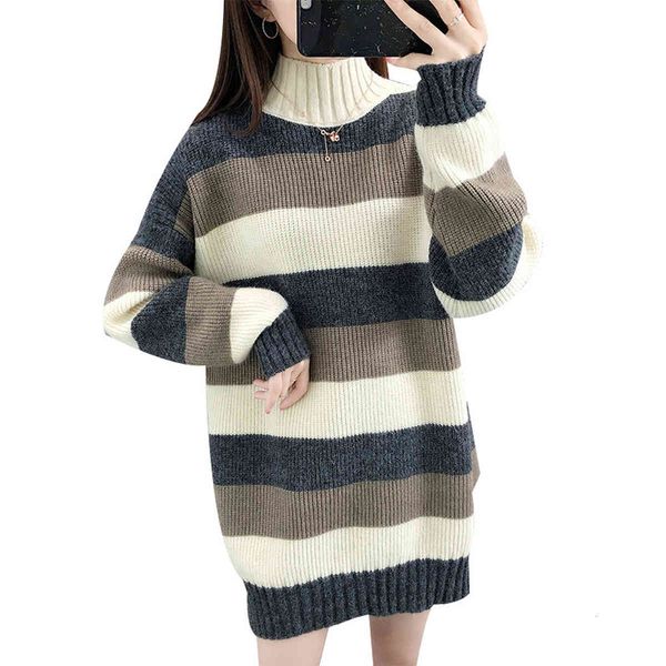 

broad-length meads striped thick-blocking medium-high neck knit pullover women's sweater fall loose lazy style, White;black