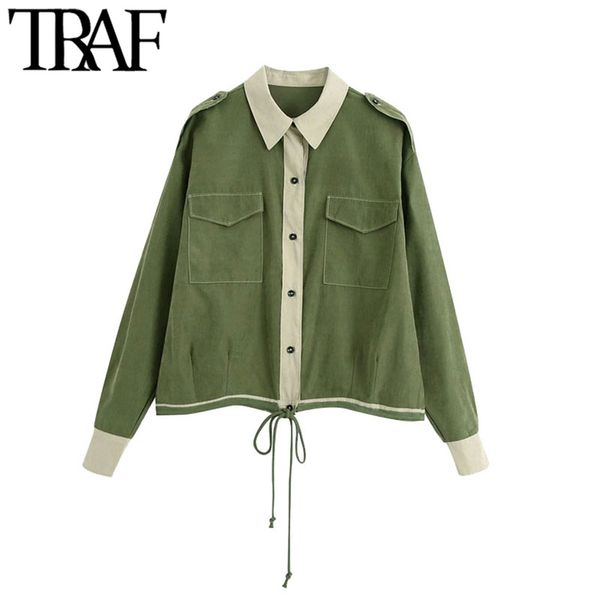 

traf women fashion with tabs pockets loose blouses vintage long sleeve adjustable drawstring female shirts chic 210415, White