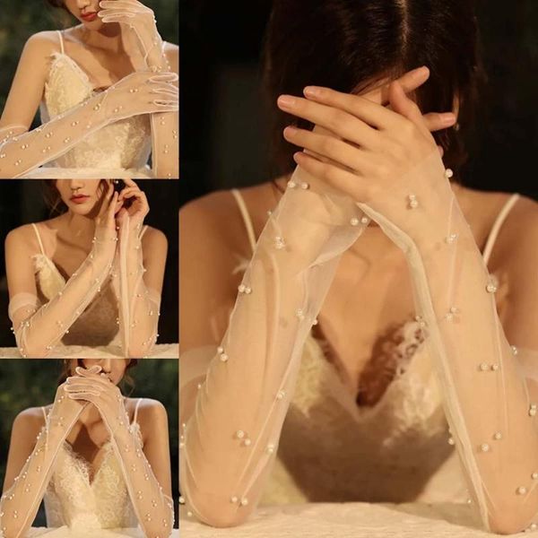 

five fingers gloves white fingerless lace women pointed long imitation pearl chiffon marriage party accessories, Blue;gray