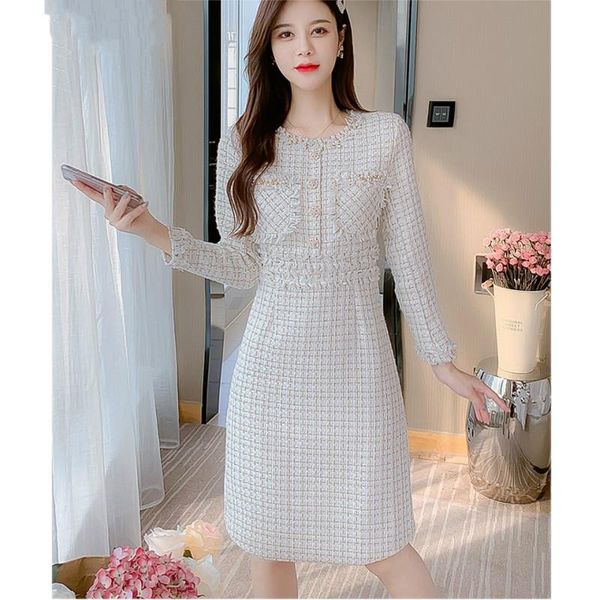 

european women luxurious manual beads round collar long sleeve tweed slim dress 2021 autumn winter designer casual dresses, Black;gray