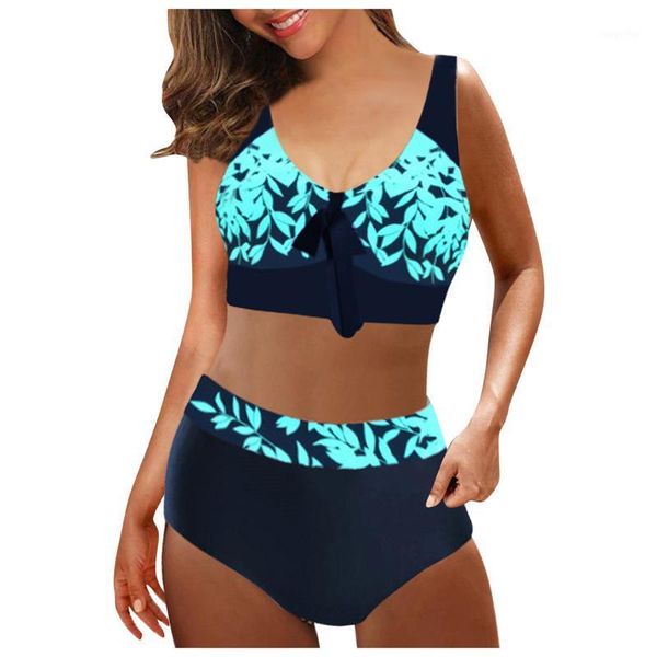 

women's swimwear women plus size high waist print split bikini set swimsuit beachwear tank bow backless cross straps bikinis, White;black