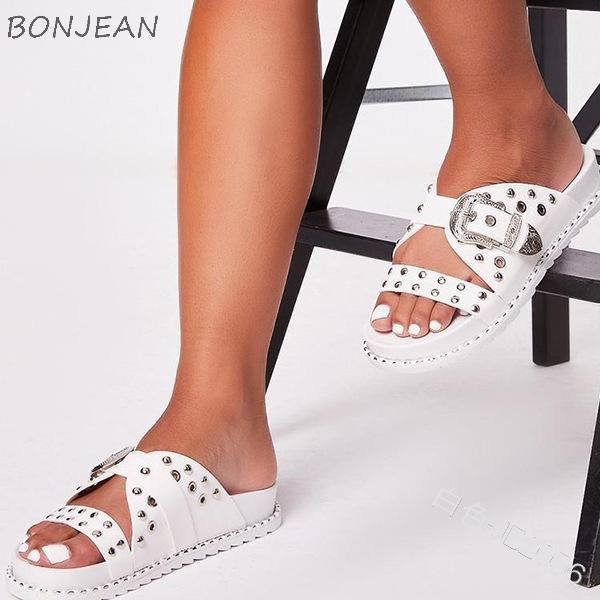

summer slippers women fashion buckle sandals outdoor slides casual beach flats rivet pu leather flatform sandalias size 34-43, Black