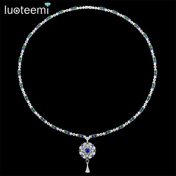 

luoteemi new design flower pendant necklace for women luxury cz jewelry wedding party double color colar feminino christmas gift 201013, Silver