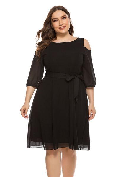 

bofute plus size women's o-neck three-quarter sleeve strapless shoulder dress sq0148, Black