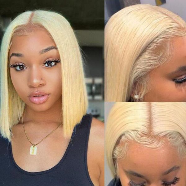

lace wigs 613 blonde bob t part wig human hair pre plucked pink grey green blue short remy brazilian straight front, Black;brown