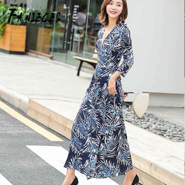 

fashion boho floral print summer beach women casual long sleeve maxi dresses v-neck high slit wrap party dress streetwear 210520, Black;gray
