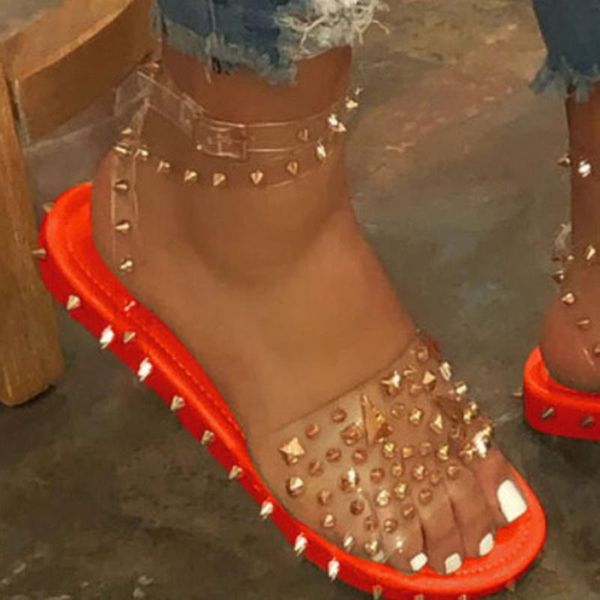 

women summer sandals flat heel rivet platform peep toe ankle buckle 2021 fashion punk beach ladies shoes zapatos de mujer, Black