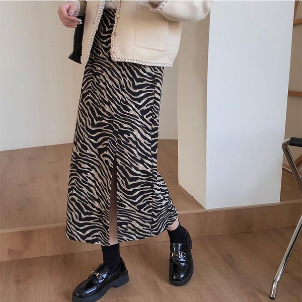 

mid-length zebra print skirt with slits and thin long female a-line skirts, Black