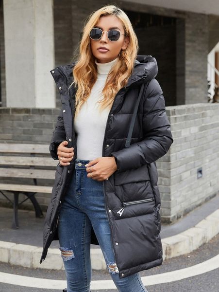 

hailuozi solid zip up hooded puffer coat w7da#, Black