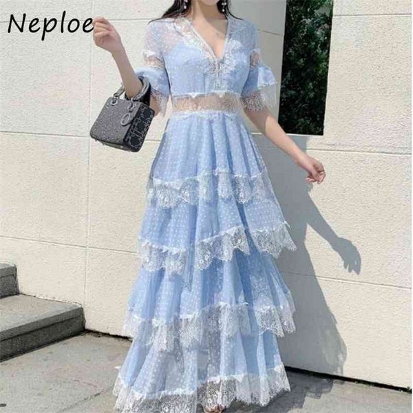 

v-neck lace patchwork dress summer fashion cascading ruffle dresses women sweet high waist dot femme vestidos 210422, Black;gray