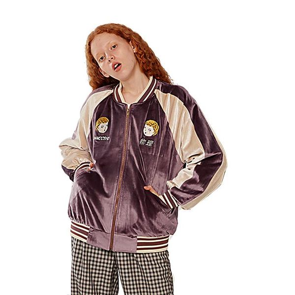 

women's jackets autumn winter woman's velvet thick coat baseball uniform long sleeve patchwork color cartoon embroidery 2021 desig, Black;brown
