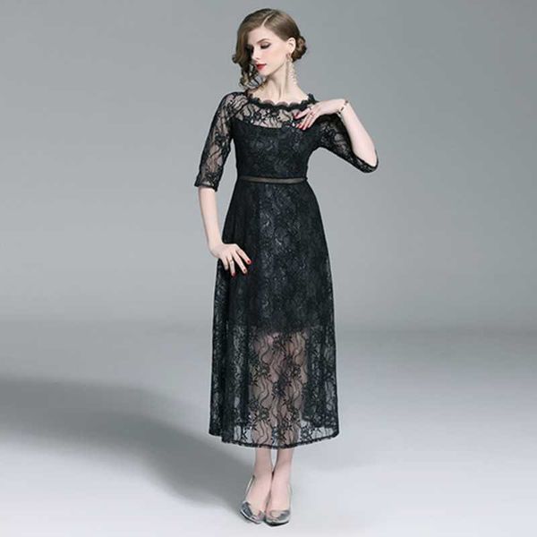 

pleated lace dress work casual slim fashion hollow out party long dresses women a-line vintage black vestidos 210525, Black;gray
