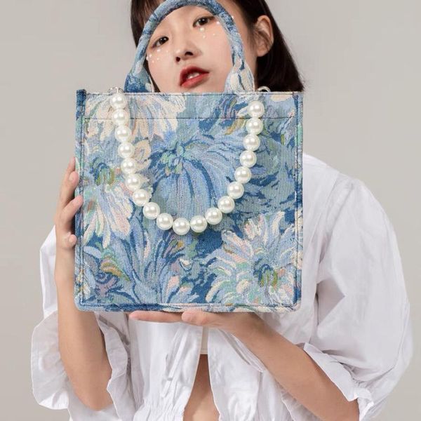 

evening bags niche original pearl jacquard monet garden oil painting tote bag female 2021 wave large capacity shoulder handbags