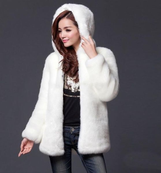 

women's fur & faux european and american autumn winter pure color hooded casual -like coat round neck warm loose, Black