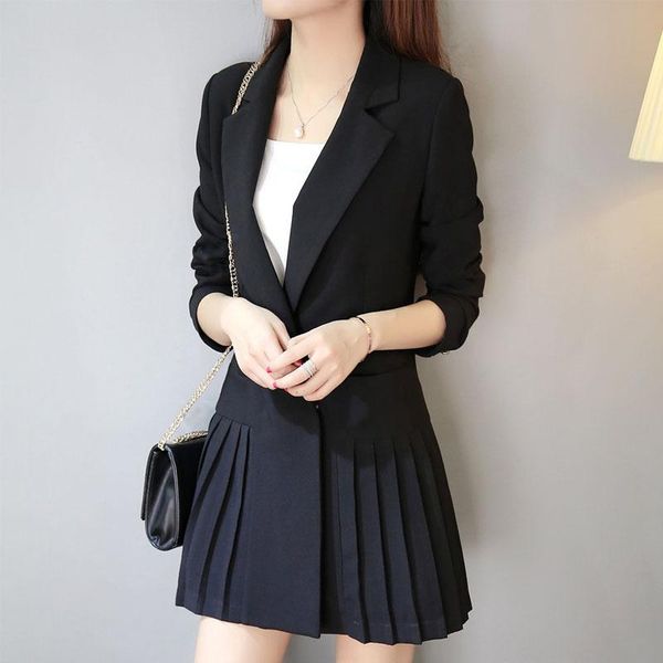 

casual dresses double breasted pleated ol style dress women full sleeve blazer work office lady vestidos femme, Black;gray