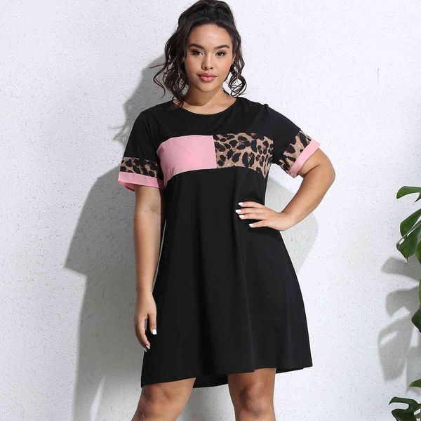 

plus size dresses hy865001# round ne short sleeve leopard stitching large