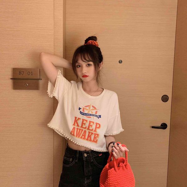

polos ytx038 personality imprint around the neck sleeves female summer loose and thin short t-shirt, White