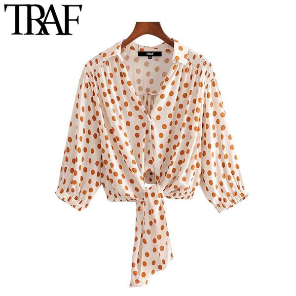 

traf women fashion with bow tied polka dot cropped blouses vintage elastic hem button-up female shirts chic 210415, White
