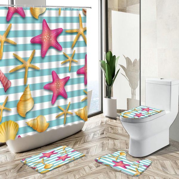 

shower curtains cartoon starfish shell conch child bathroom curtain set fun striped ocean theme non-slip rug toilet lid cover bath mat