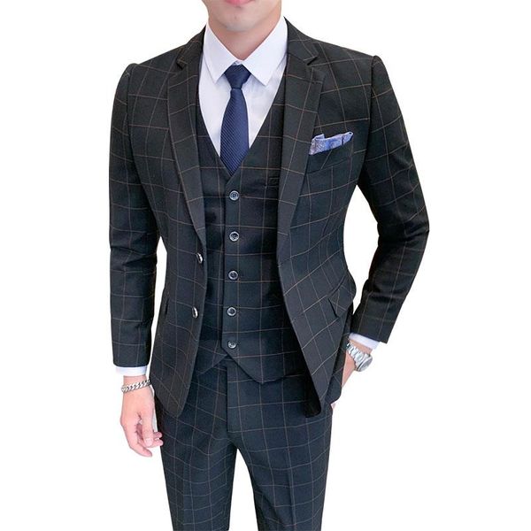 

autumn grid men's three-piece and two-piece suit can choose s-5xl gray black blazer coat pants vest suits & blazers, White;black