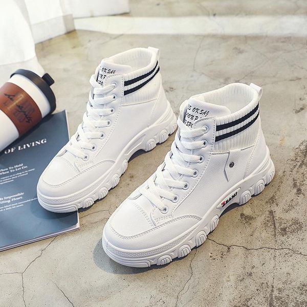 

boots 2021 spring white leather ankle women platform waterproof shoes korean styles elastic black botas mujer