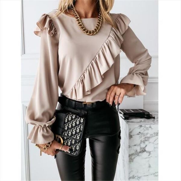 

long sleeve elegant office work womens shirts ruffles o neck spring autumn winter pullover blusas, White