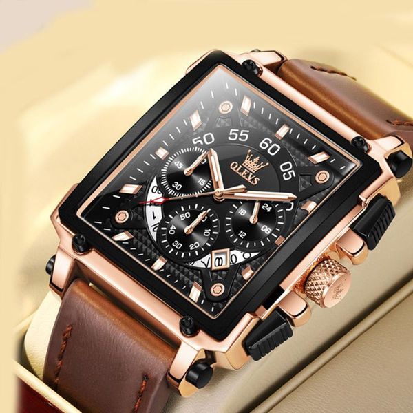 

wristwatches luxury square multifunctional sports quartz luminous men's watches casual leather waterproof calendar watch relogio mascul, Slivery;brown