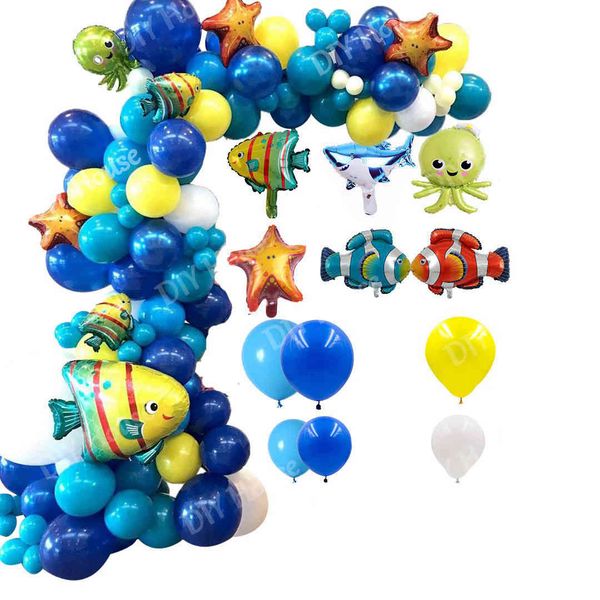 129 PCS Ocean Theme Balloon Kit Tubarão de Desenhos Animados / Peixe Sob Sea Animais Bolas Crianças Presentes de Aniversário DIY Decoração Party Decoração Home Suprimentos 210408